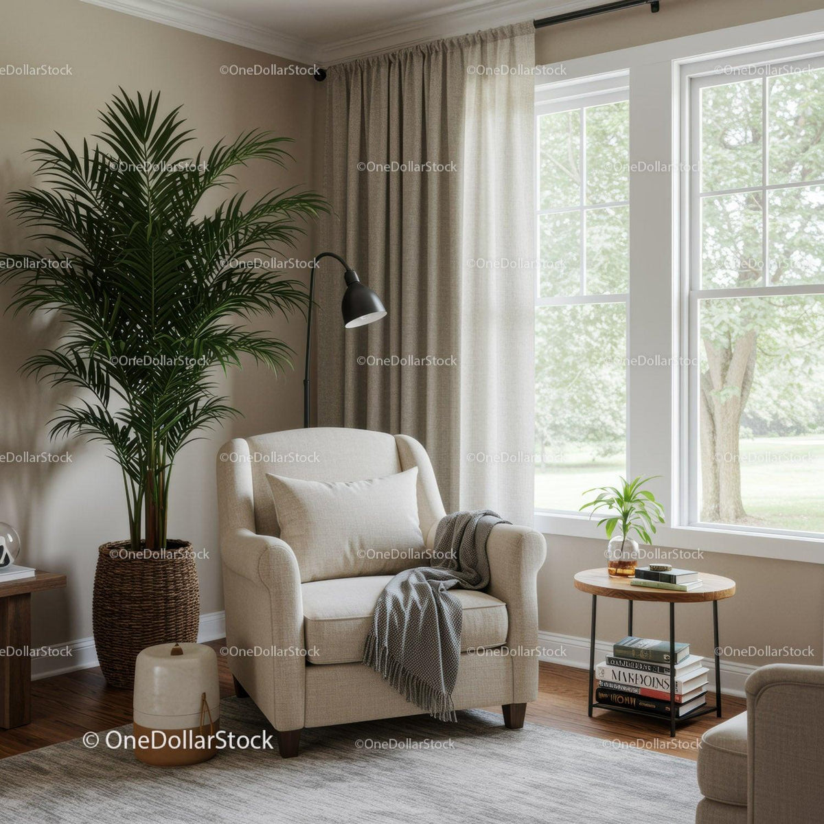 Modern Cozy Living Room with Large Green Palm and Beige Armchair