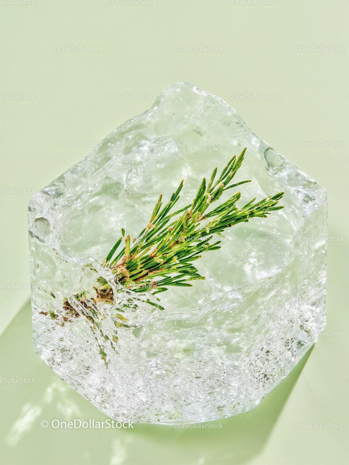 Fresh Green Rosemary Encased In Clear Ice Cube