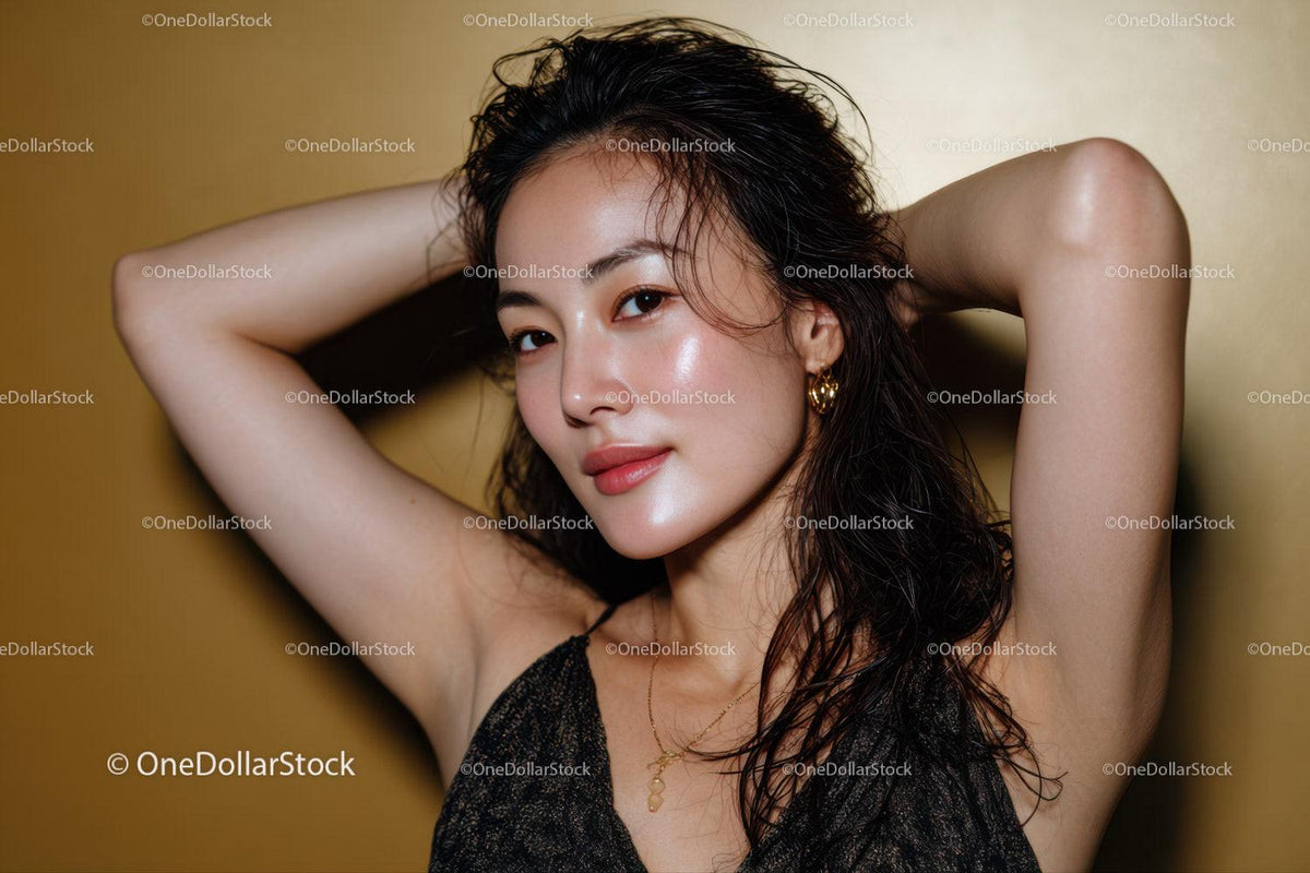 Glamorous Young Woman with Wet Hair and Gold Jewelry in Close-Up