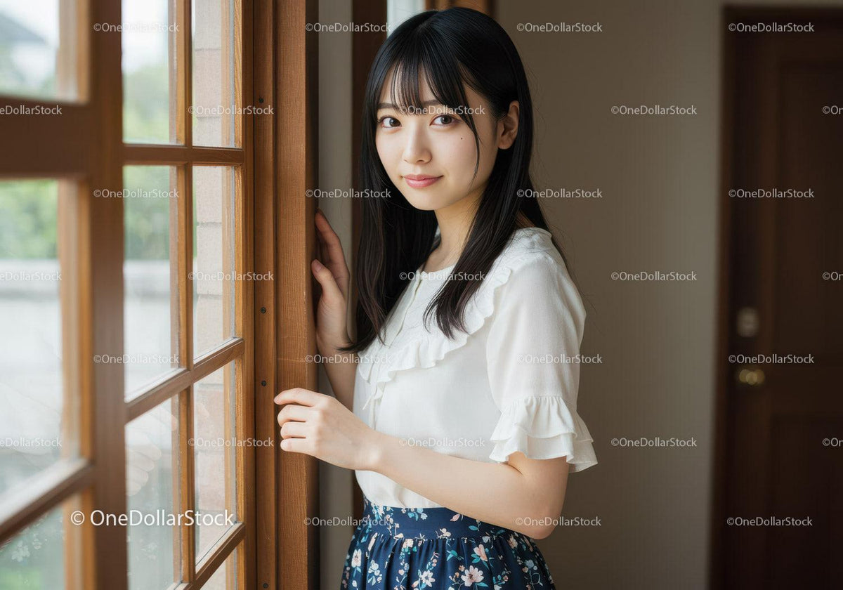 Young Woman Standing By Window In Casual White Blouse And Floral Skirt
