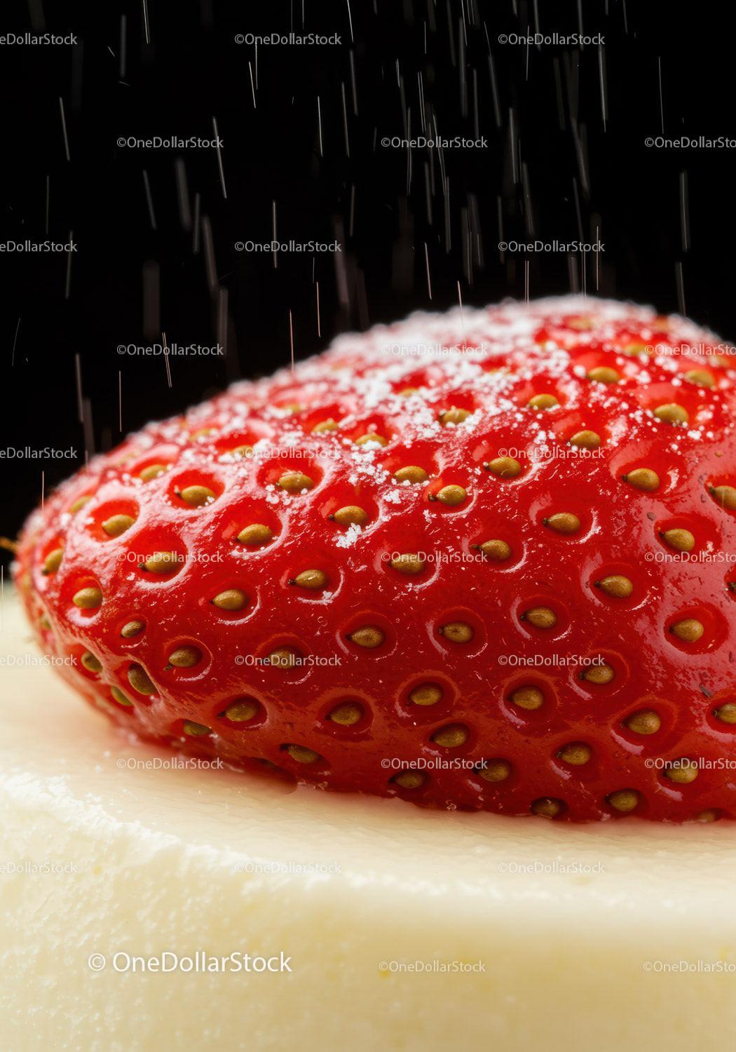 Close-up of fresh strawberry dusted with powdered sugar