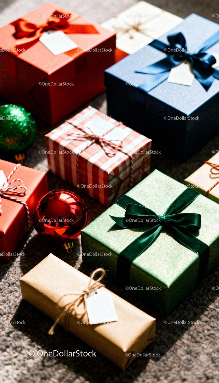Assortment of Colorful Wrapped Holiday Gift Boxes