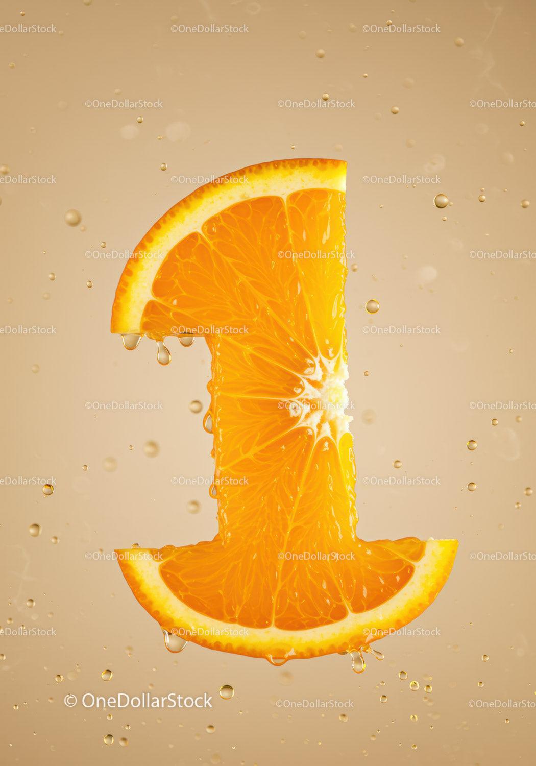 Fresh Orange Slice Shaped As Number One With Droplets