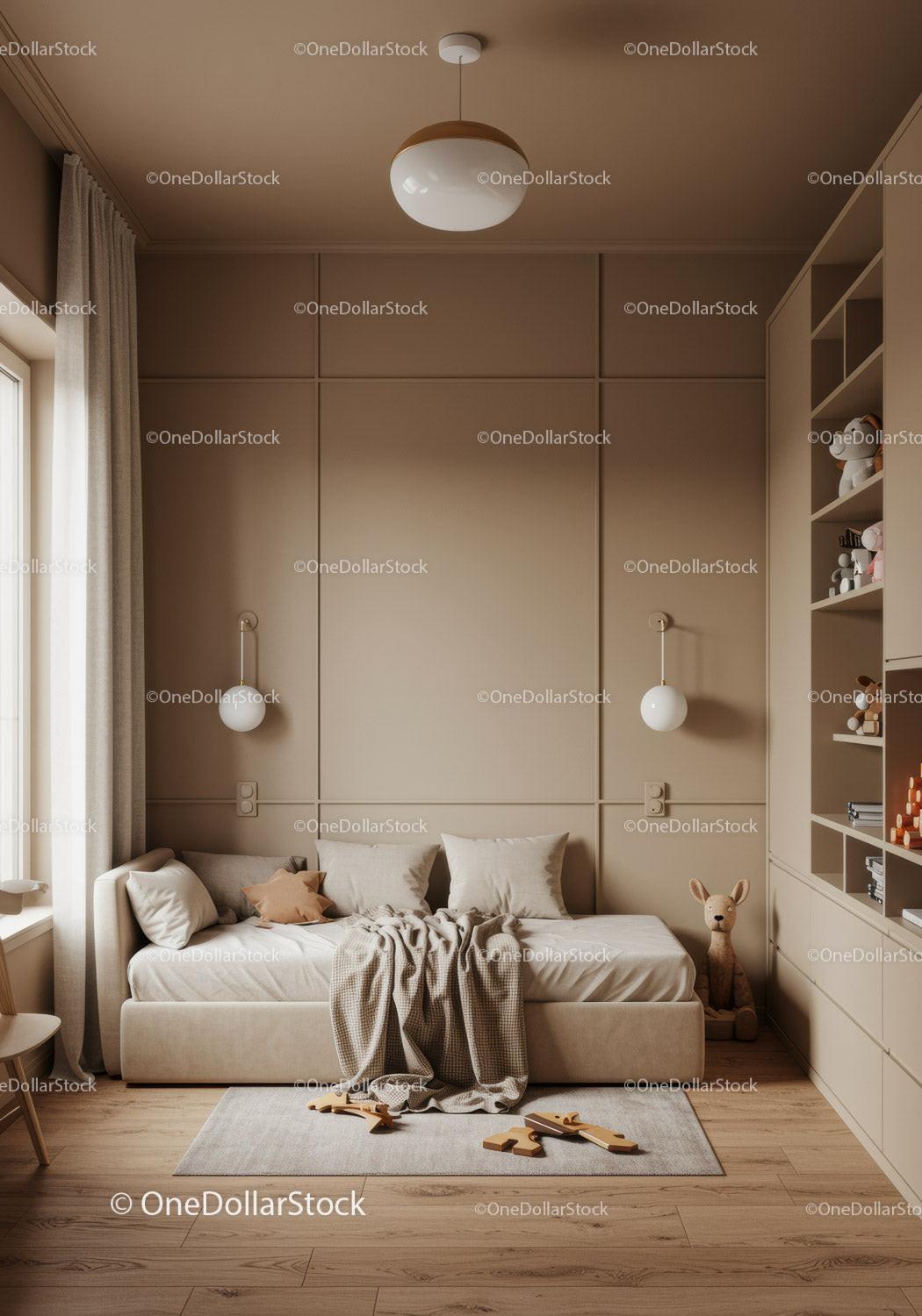 Contemporary Beige Nursery with Wooden Floor and Toy Shelf