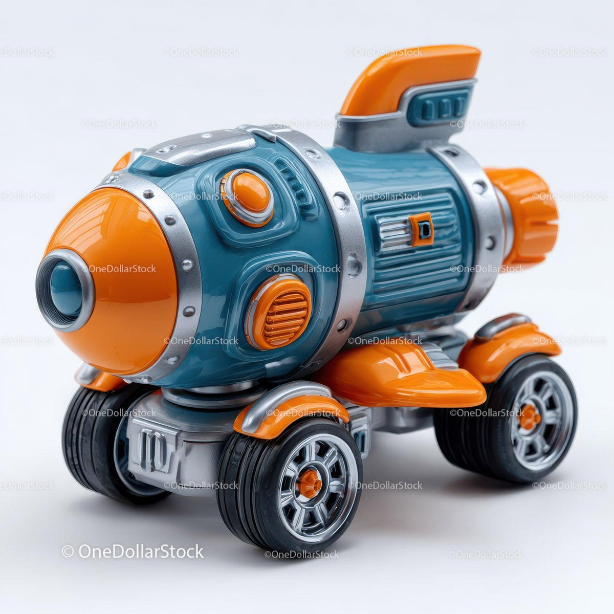 Blue and orange retro style toy space rover vehicle with four black wheels and silver details on a white surface