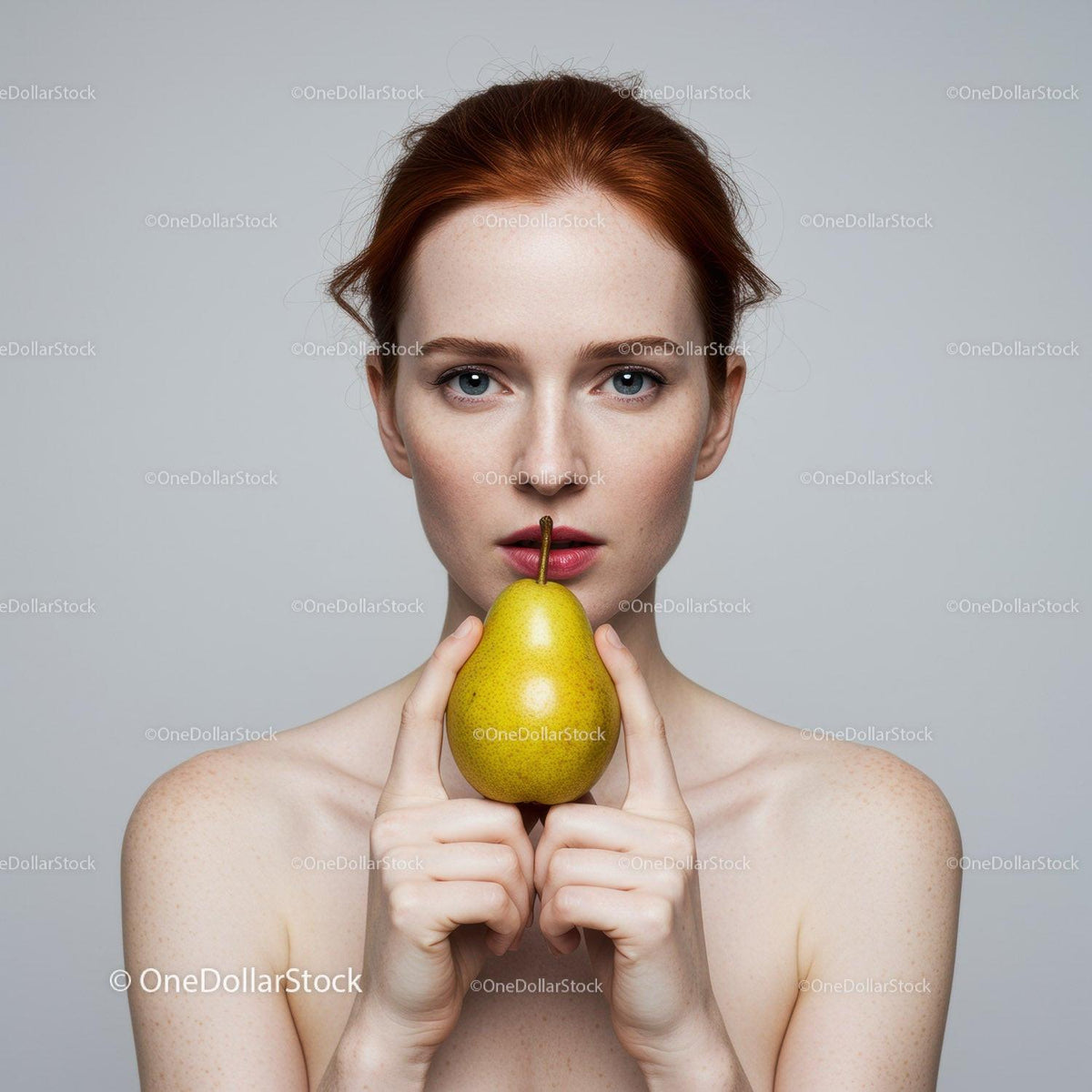 Portrait of a Woman Holding a Pear with Red Hair and Blue Eyes