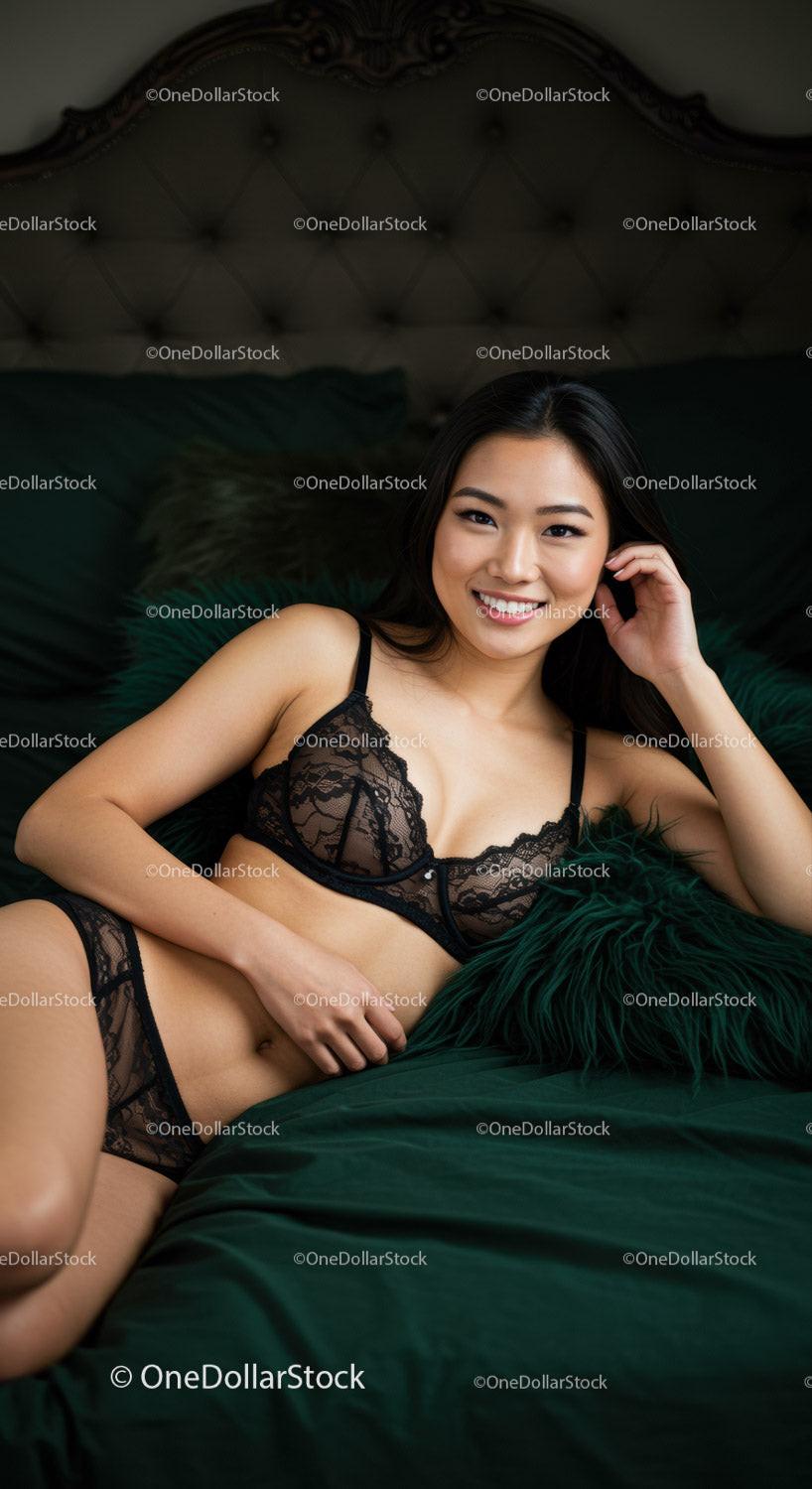 Smiling woman reclining on green bed in black lingerie