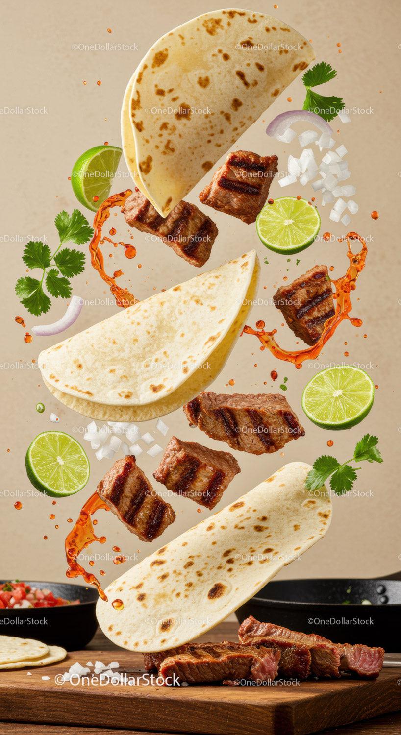 Grilled Beef Pieces and Tortillas with Fresh Ingredients