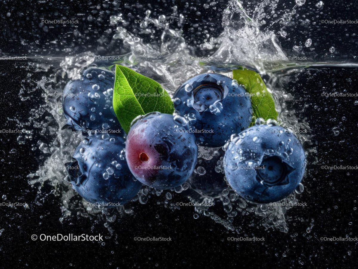 Fresh Blueberries with Water Splash and Green Leaves