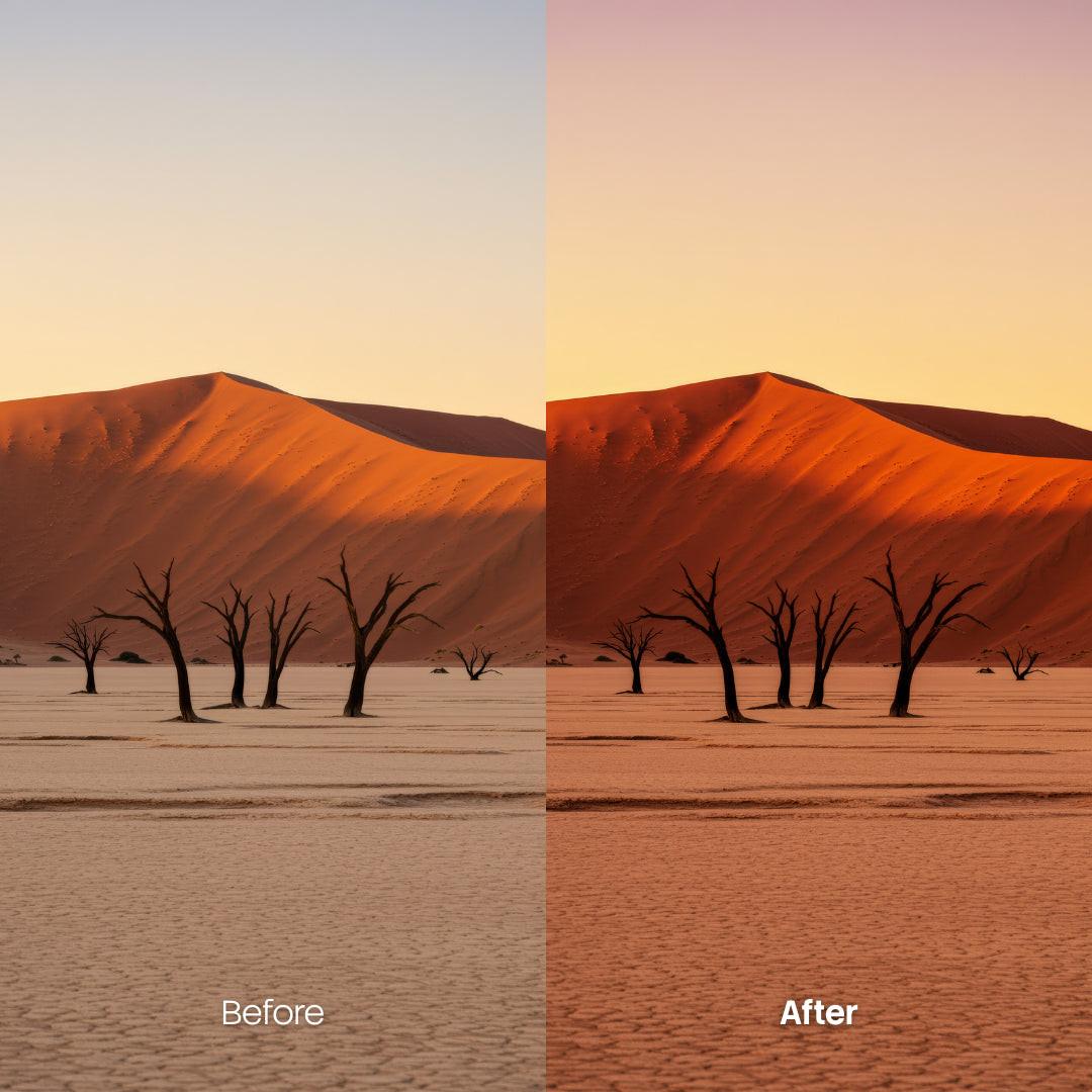 Before and after Dark Sahara LUT Pack effect