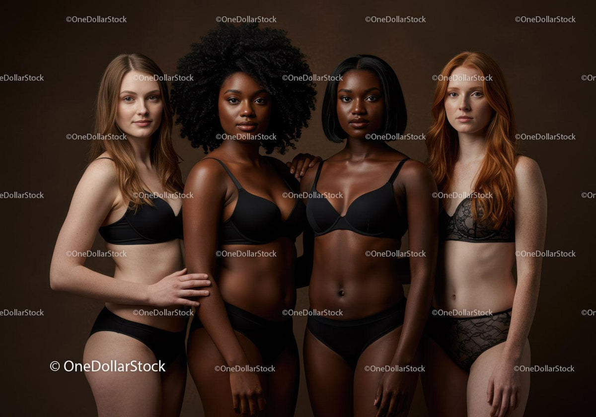 Diverse women in elegant black lingerie standing together