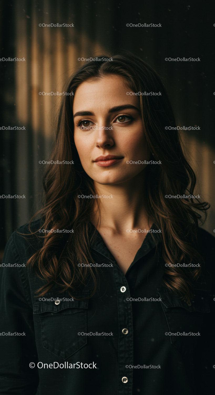 Thoughtful young woman in casual dark shirt portrait