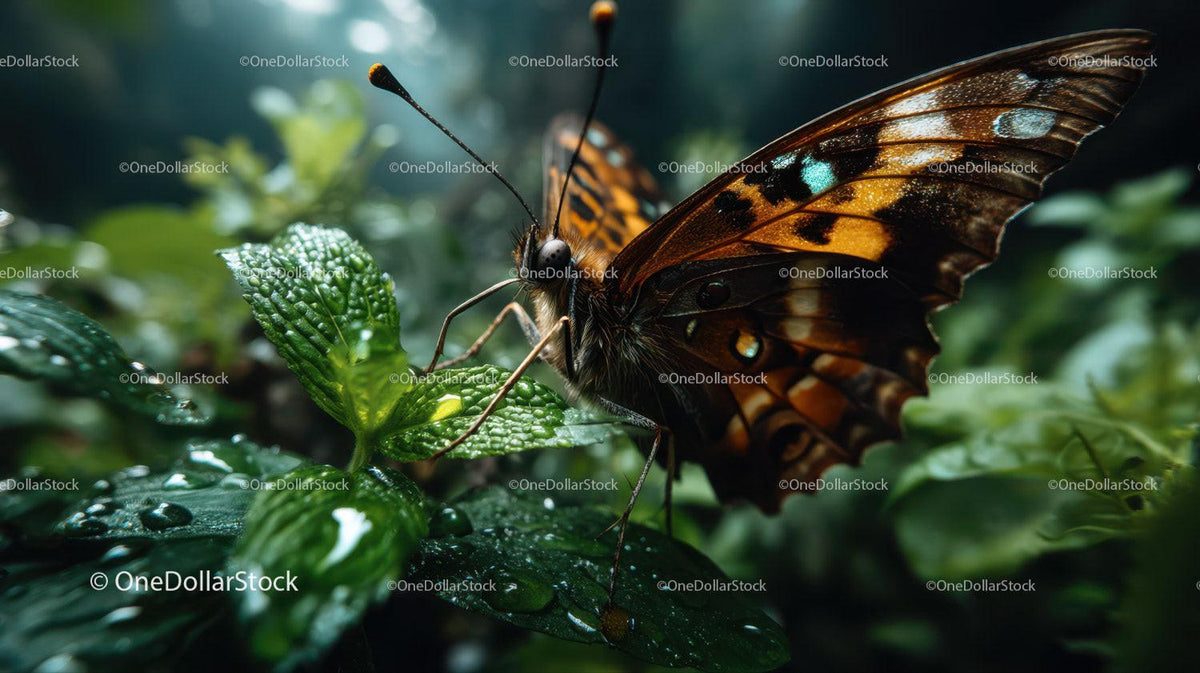 Close-up of a Vibrant Orange and Black Butterfly on Green Leaves
