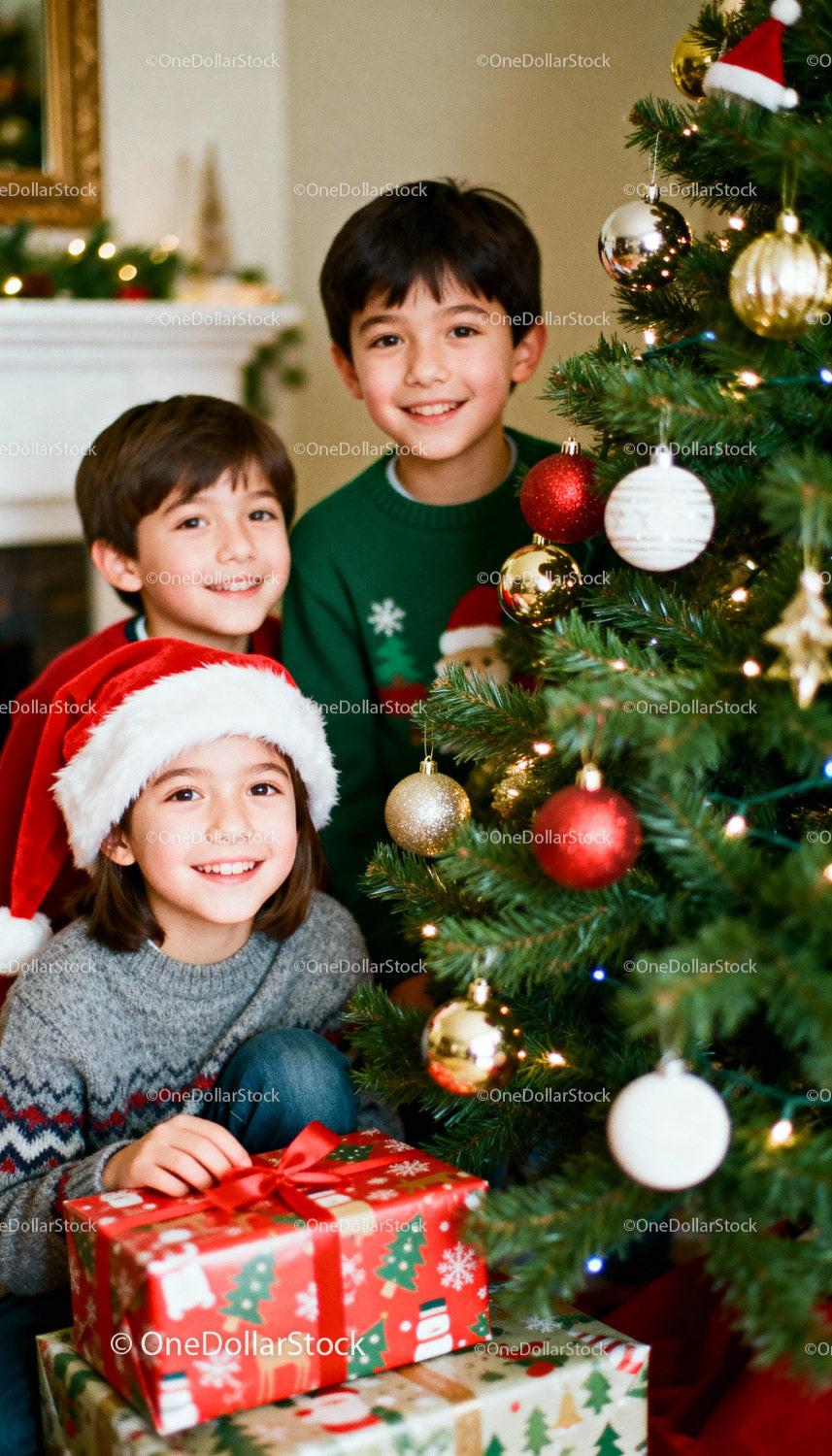 Three joyful kids celebrating Christmas by the decorated tree