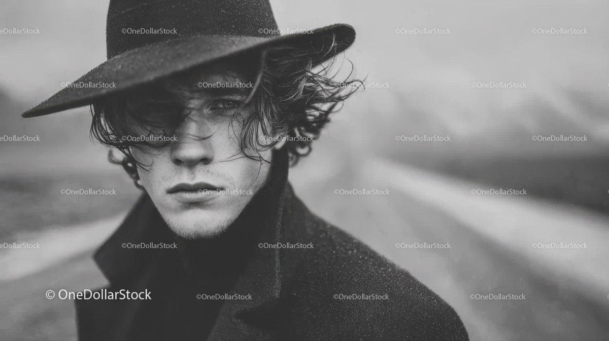 Black and White Fashion Portrait of Young Man with Windblown Hair
