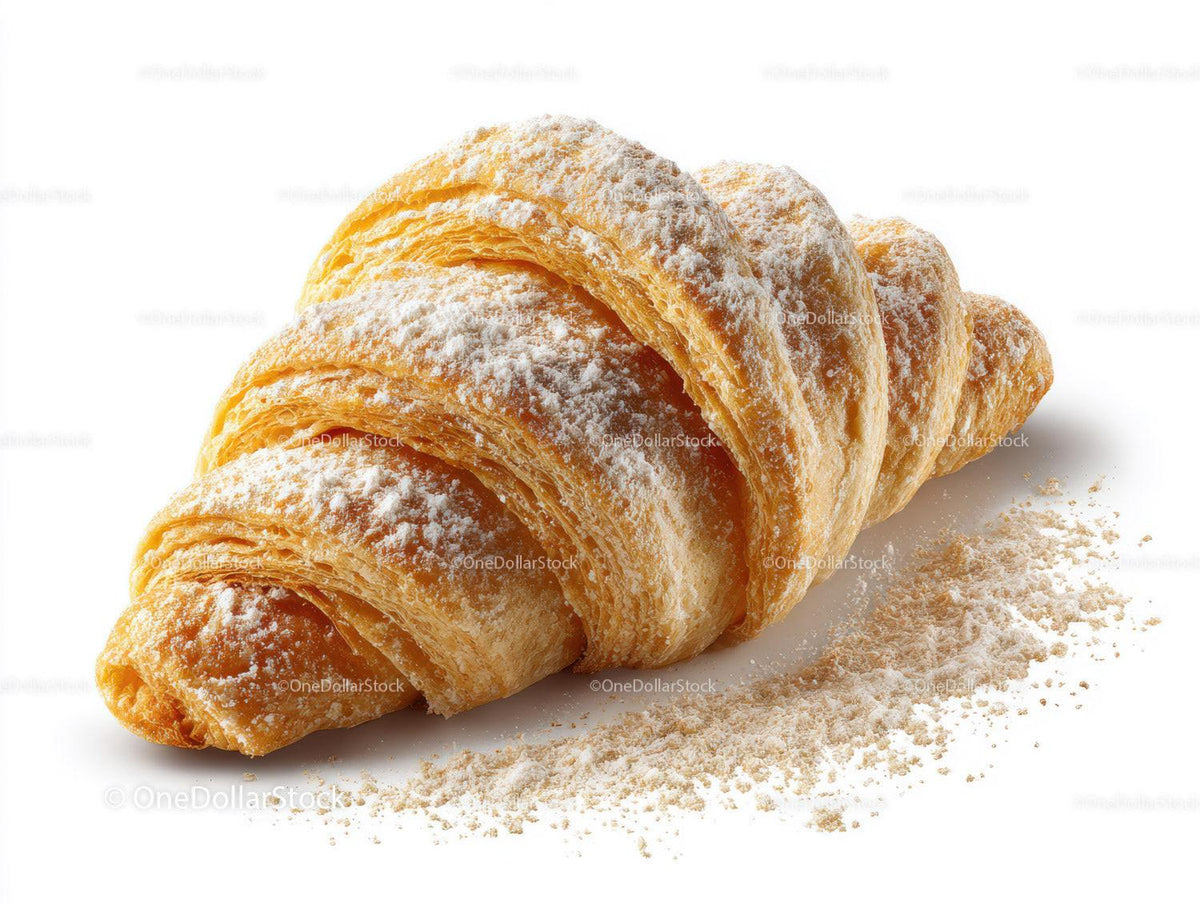 Golden Croissant with Powdered Sugar on White Background