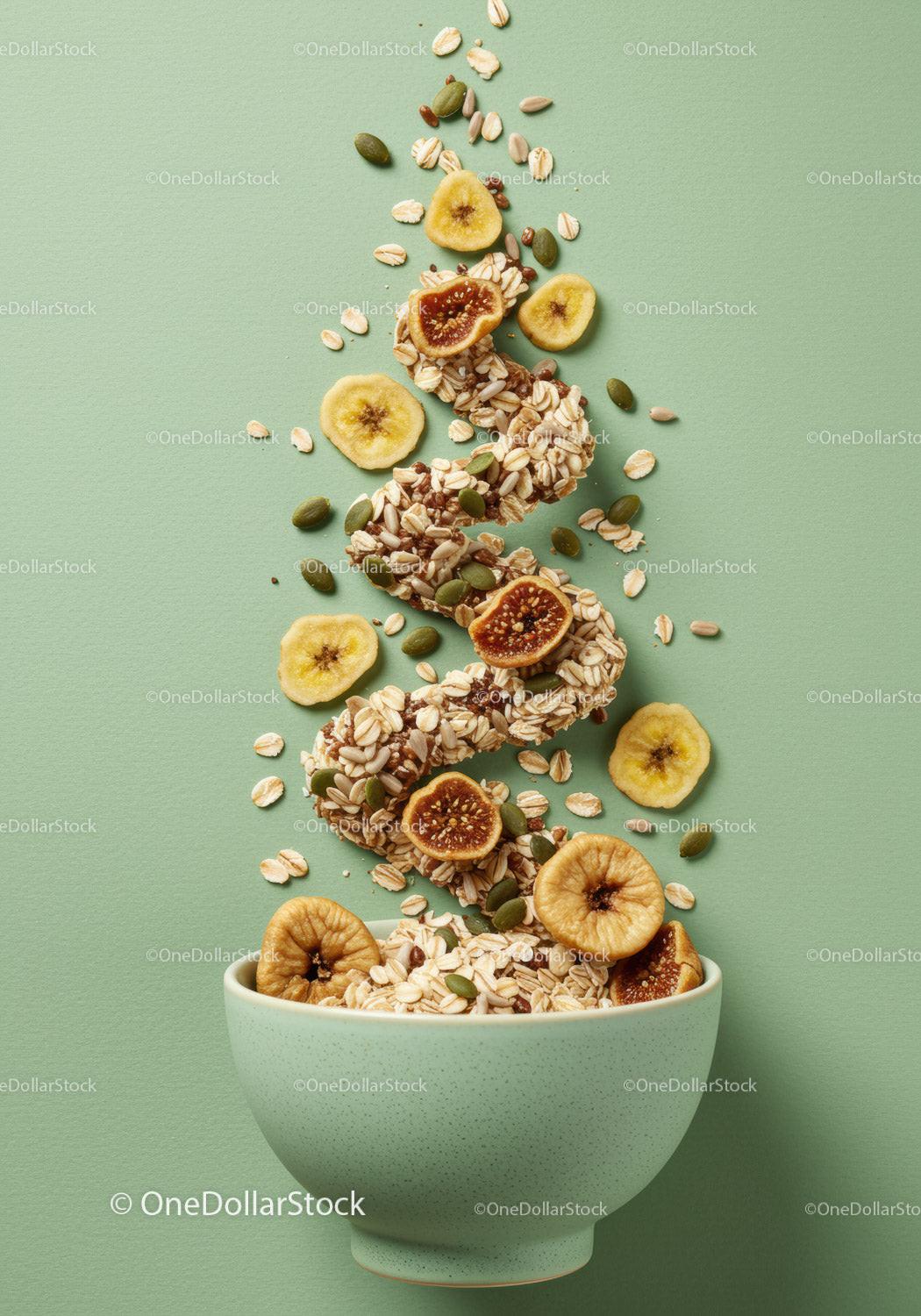 Healthy granola and dried fruit bowl on green background
