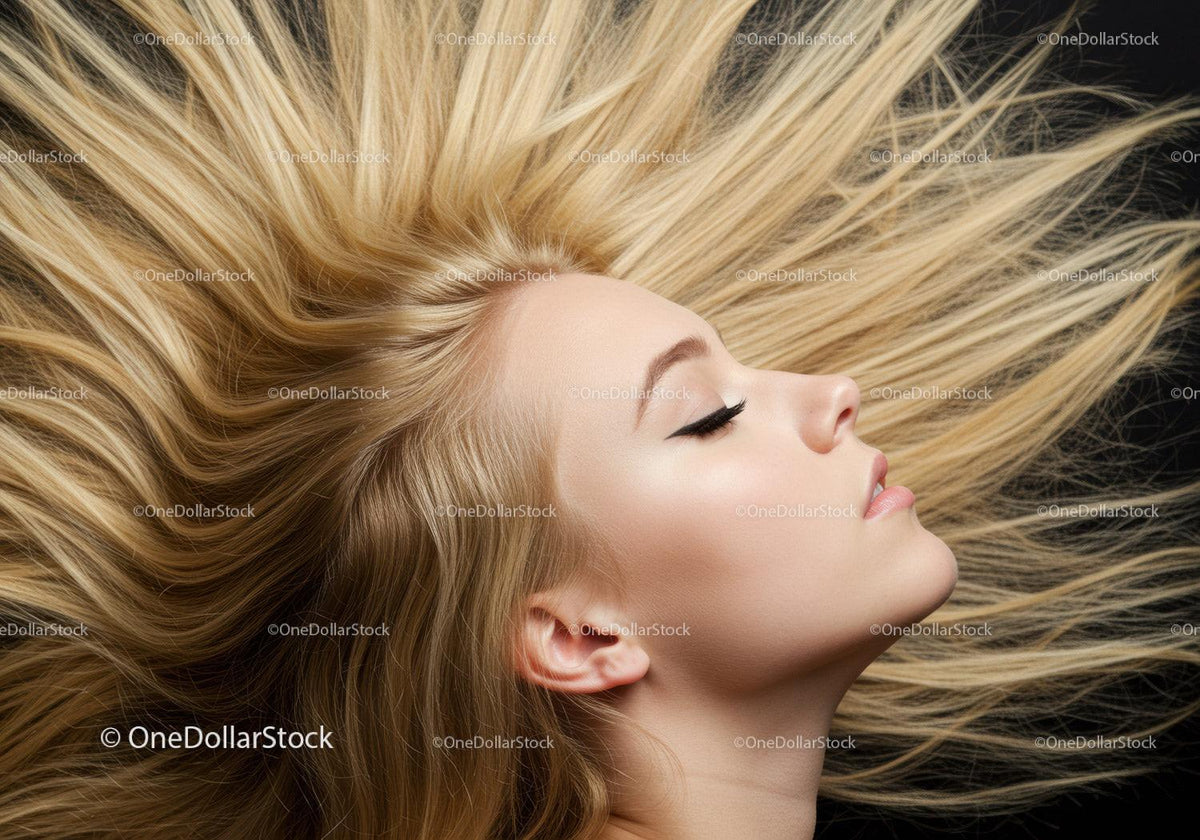Blonde woman with flowing hair in profile on dark background