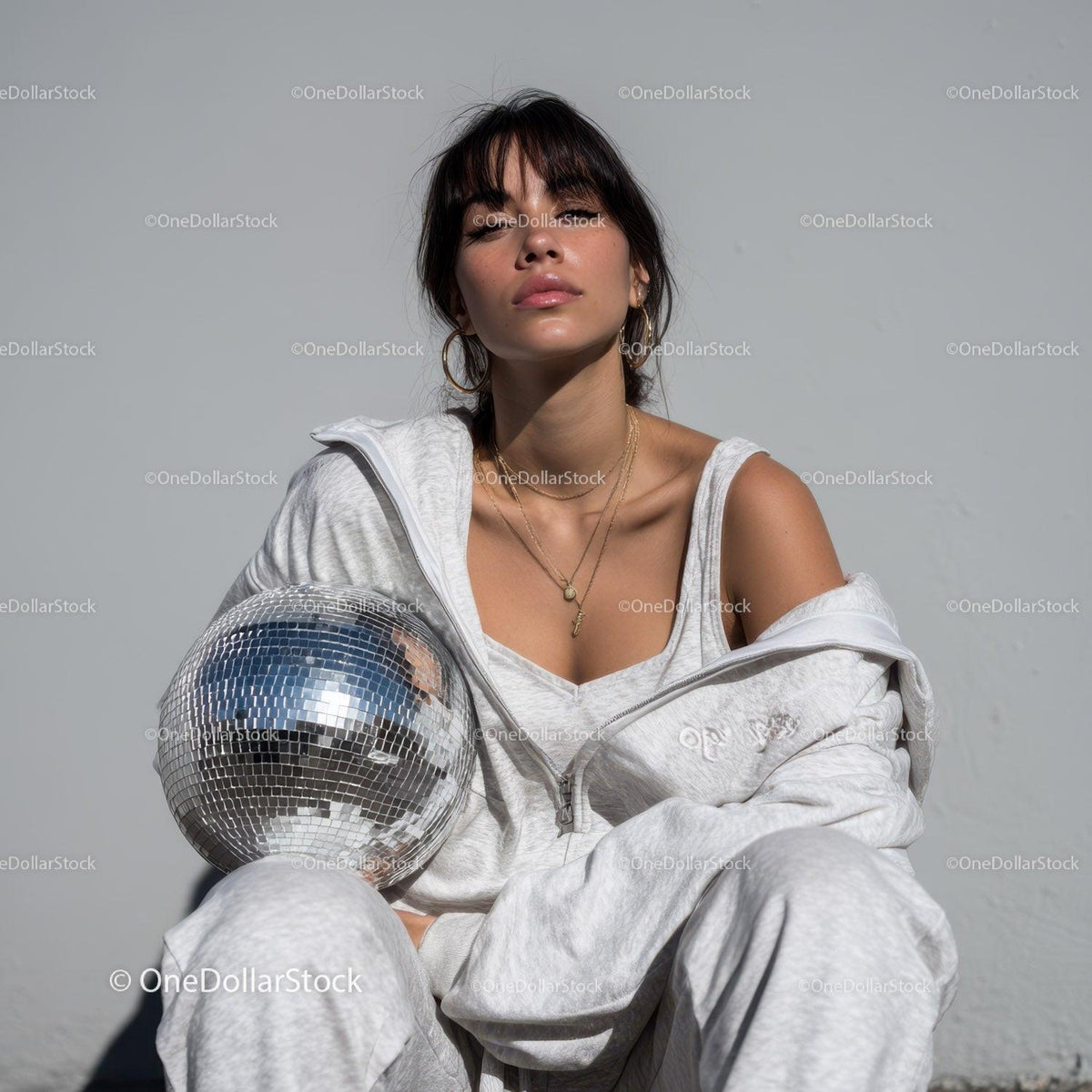 Stylish Woman in Metallic Outfit Holding Disco Ball for Modern Fashion Stock Photo Bundle preview 8