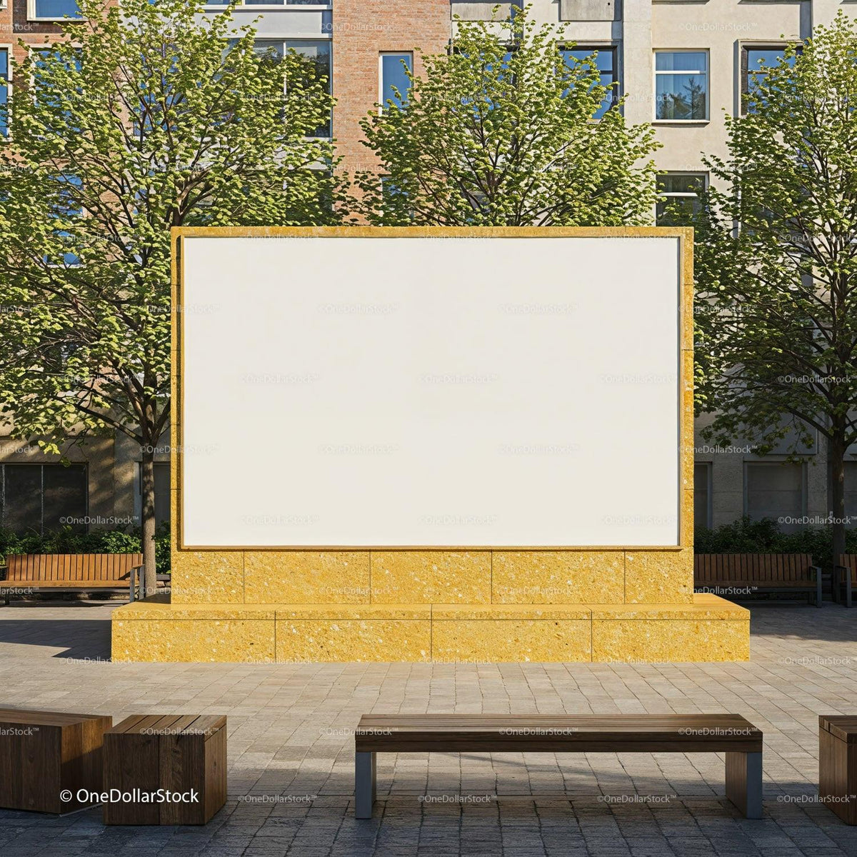 Urban public square with large blank stone billboard JPG Mockup Image preview