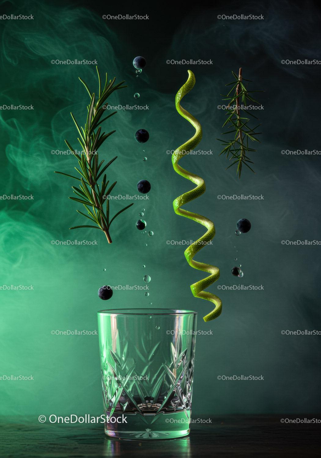 Fresh Ingredients Suspended Above Glass with Misty Background