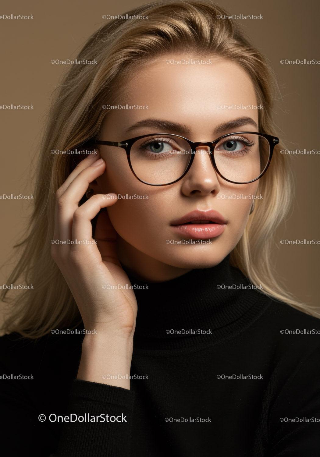 Elegant Woman Wearing Stylish Glasses in a Studio Portrait