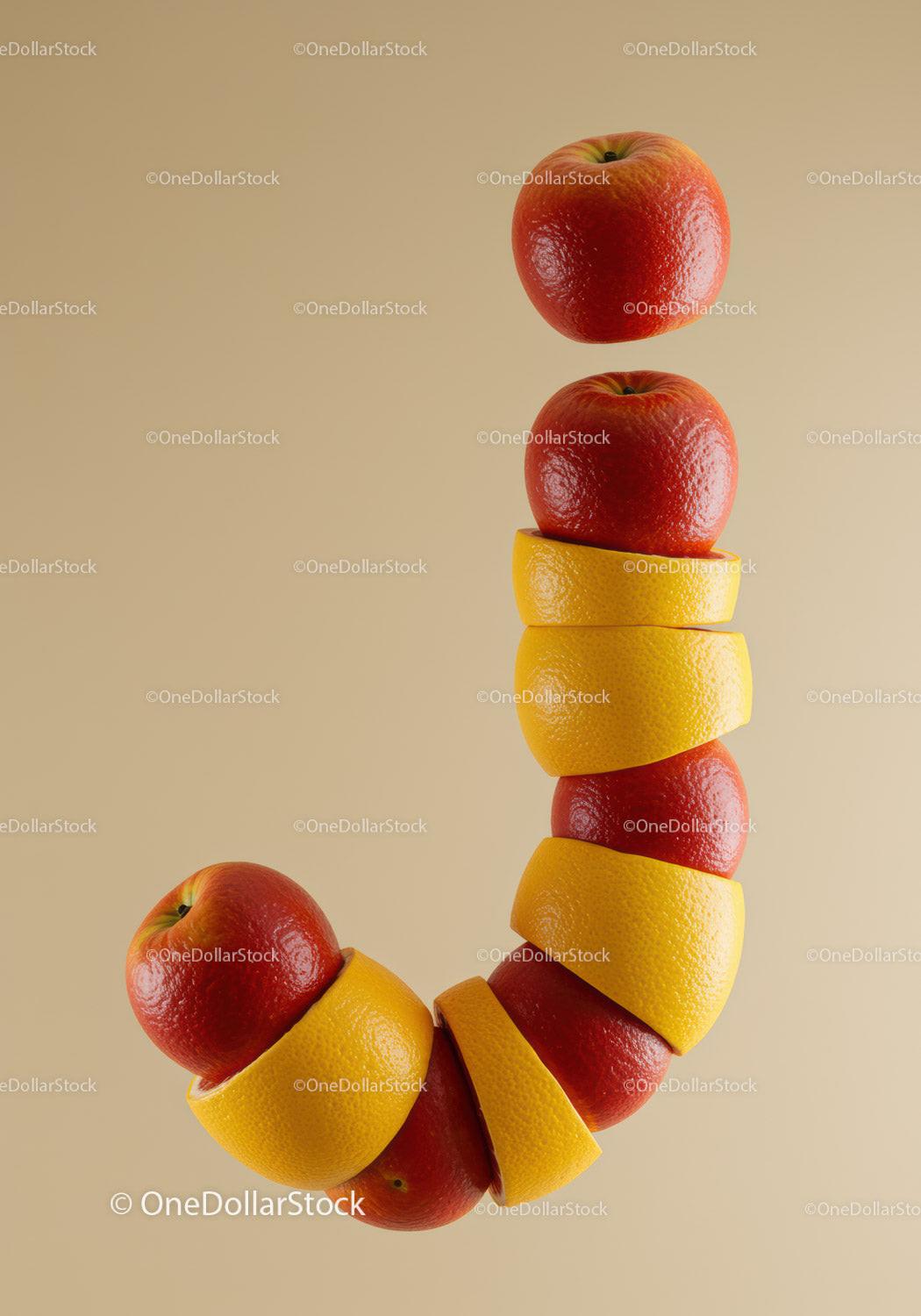 Creative mix of apples and orange peels forming a curved line