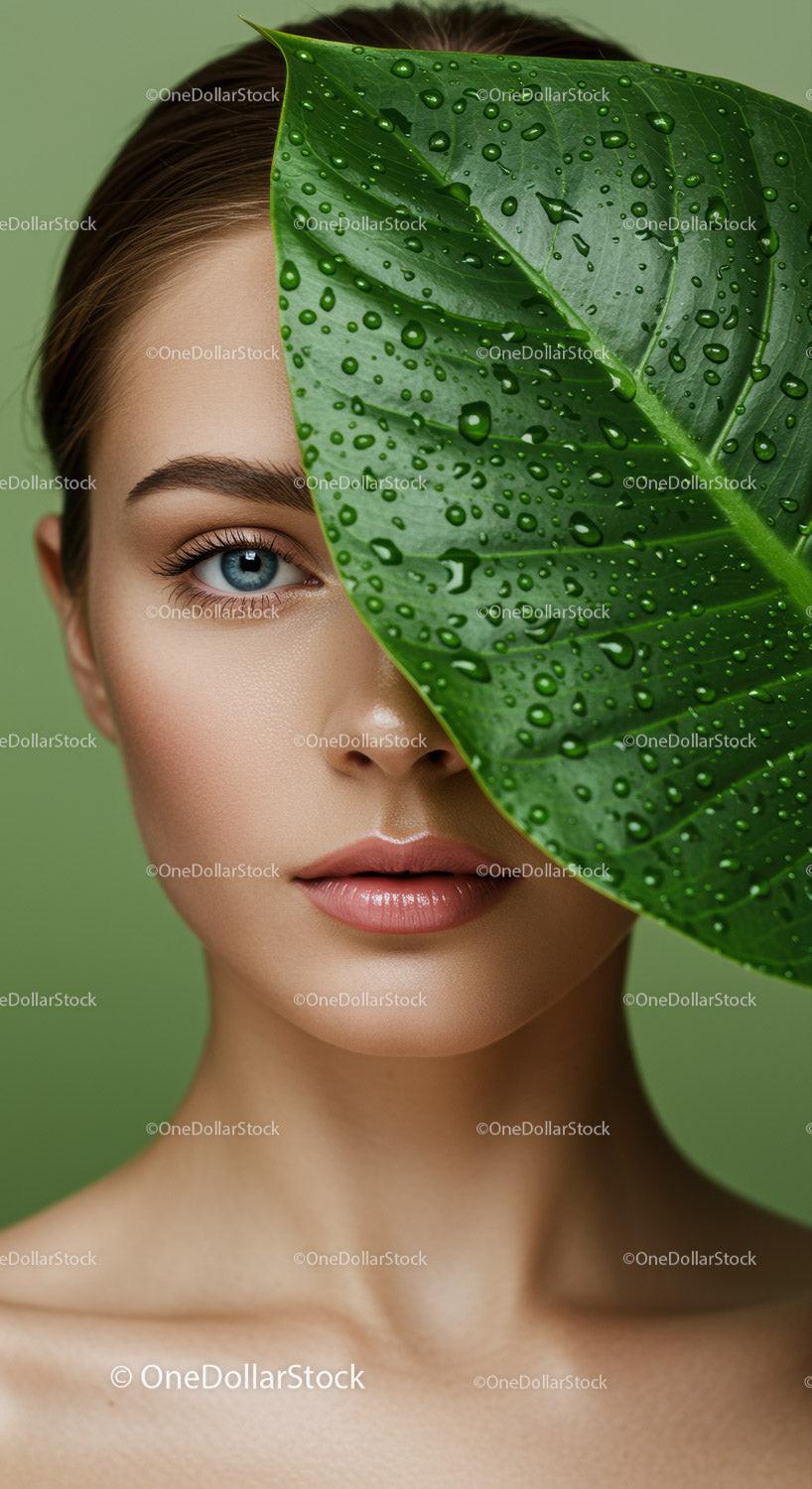 Close-Up Portrait of Beautiful Woman with Green Leaf and Water Droplets