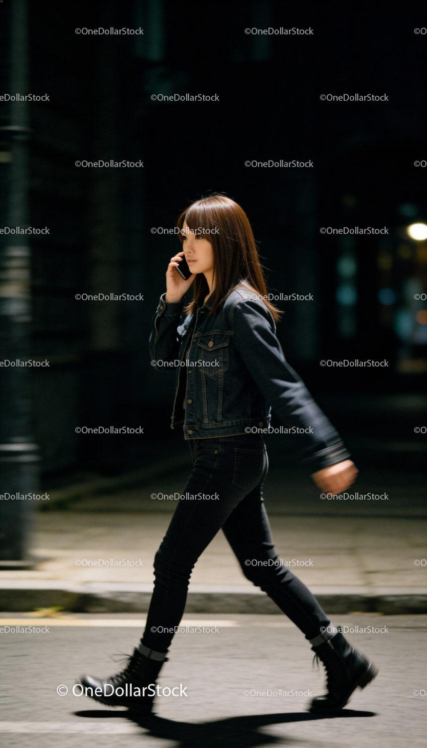 Young woman walking at night talking on phone
