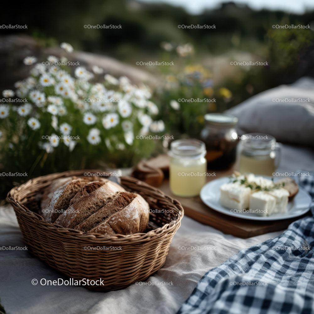 Rustic Bread Basket with Milk Jars and Daisy Flowers in Outdoor Setting Stock Photo Bundle preview