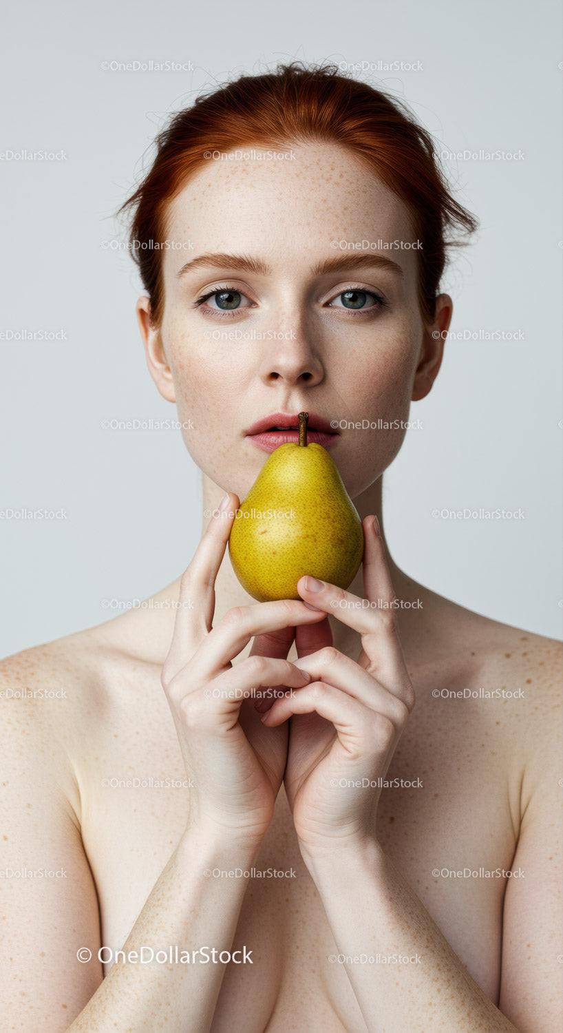 Portrait of Red-Haired Woman with Pear for Natural Beauty and Lifestyle