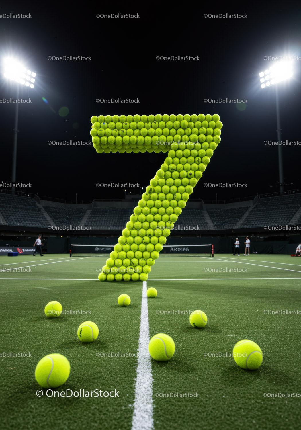 Number Seven Made of Tennis Balls on Court at Night