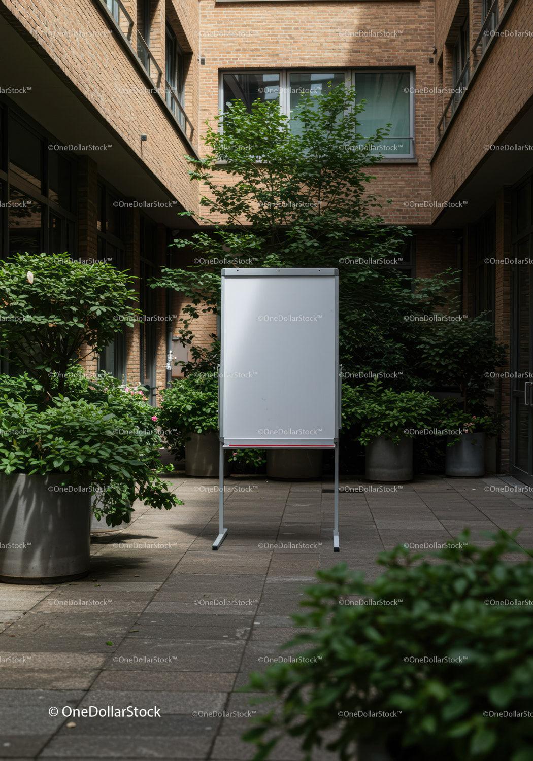 Blank flip chart in sunlit urban courtyard with plants JPG Mockup Image preview