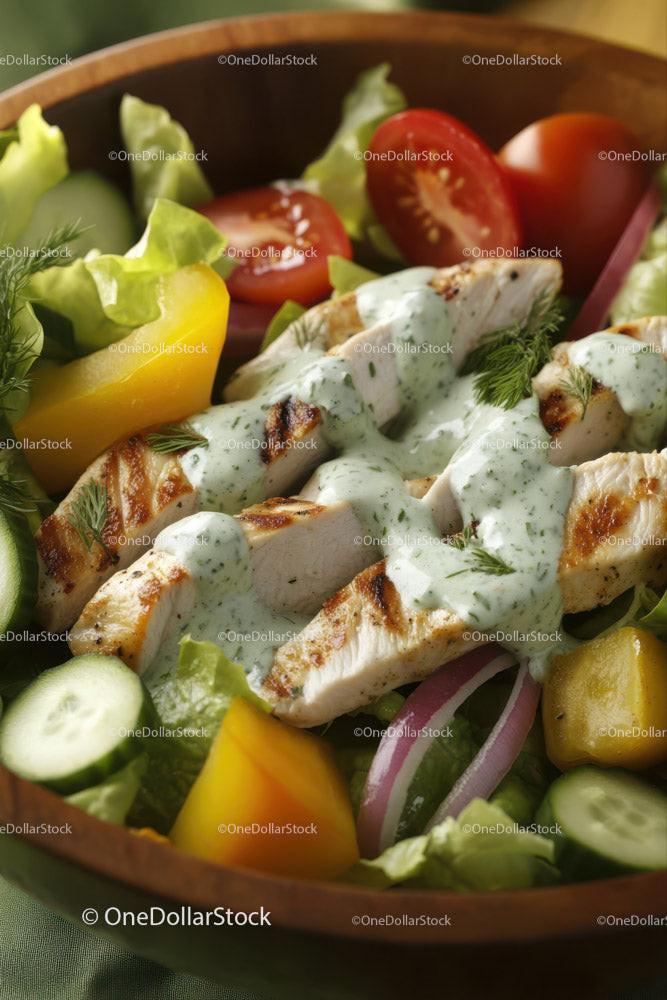 Fresh Grilled Chicken Salad with Vegetables and Herbal Dressing