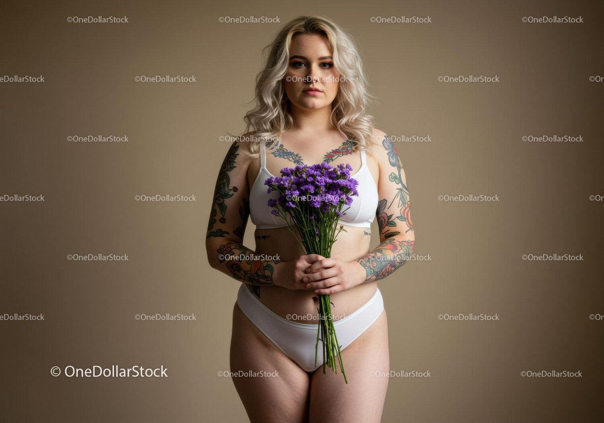 Tattooed Woman in White Lingerie Holding Purple Flowers in Studio