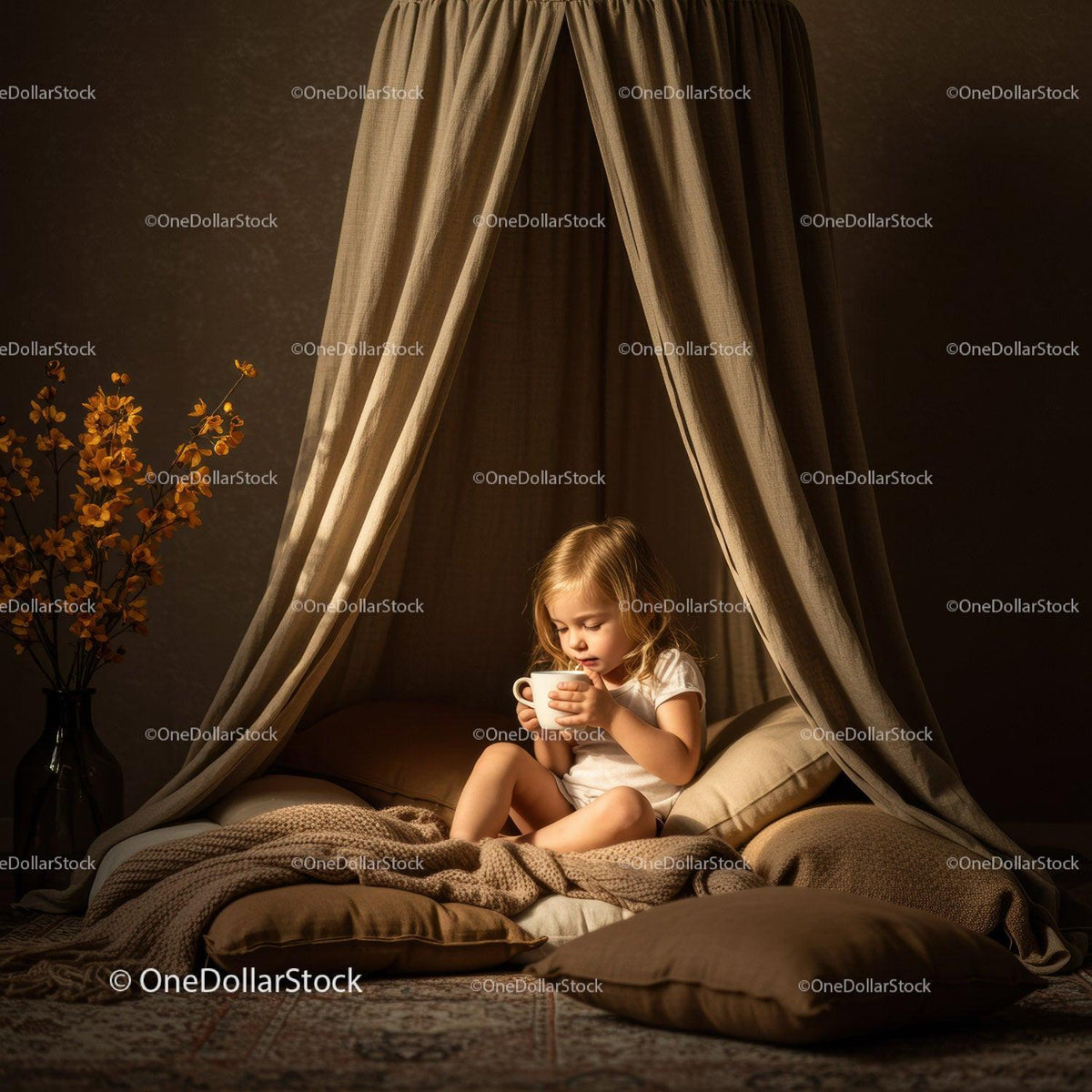 Young girl enjoying warm drink in cozy tent nook