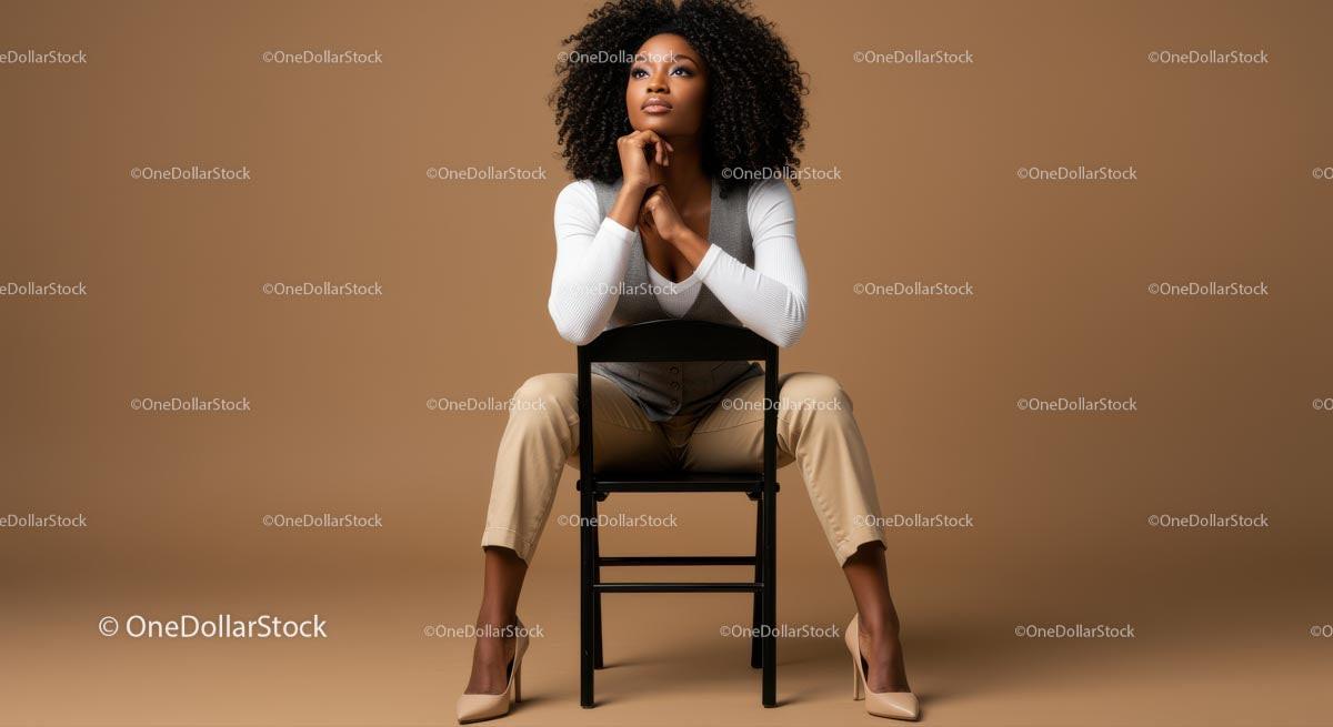 Thoughtful Woman Seated in Elegant Attire Against Brown Background Stock Photo Bundle preview 38