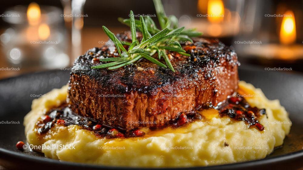 Gourmet Beef Steak with Mashed Potatoes and Rosemary Garnish Stock Photo Bundle preview 14