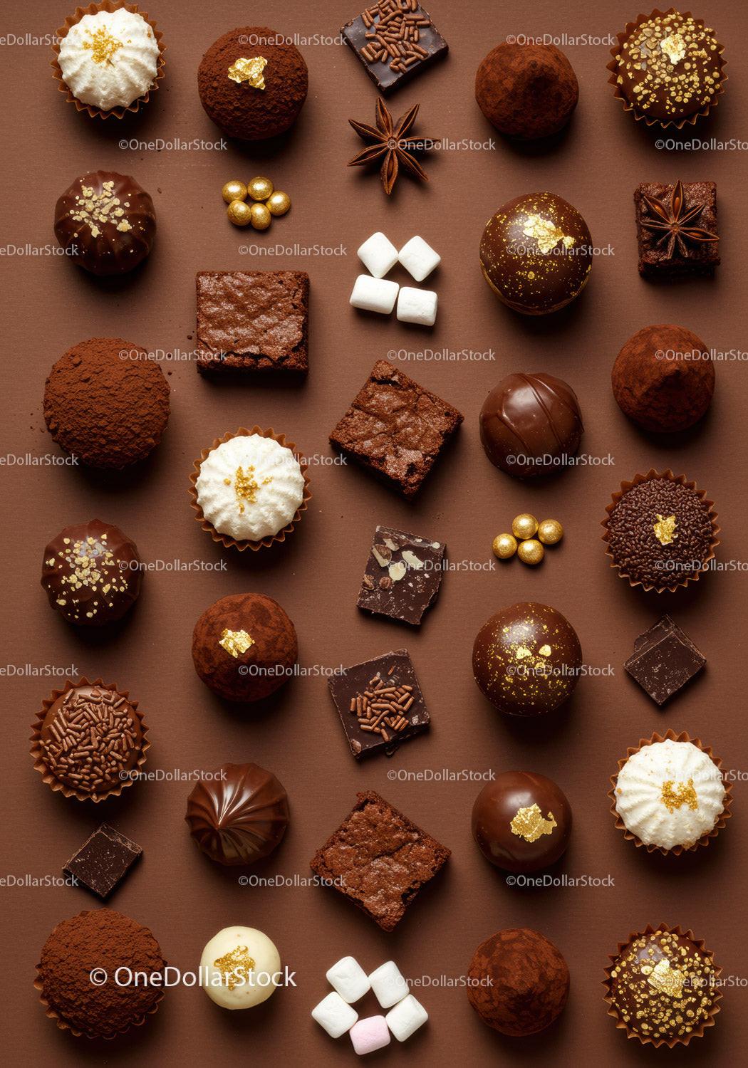 Assorted gourmet chocolates and sweets on brown background