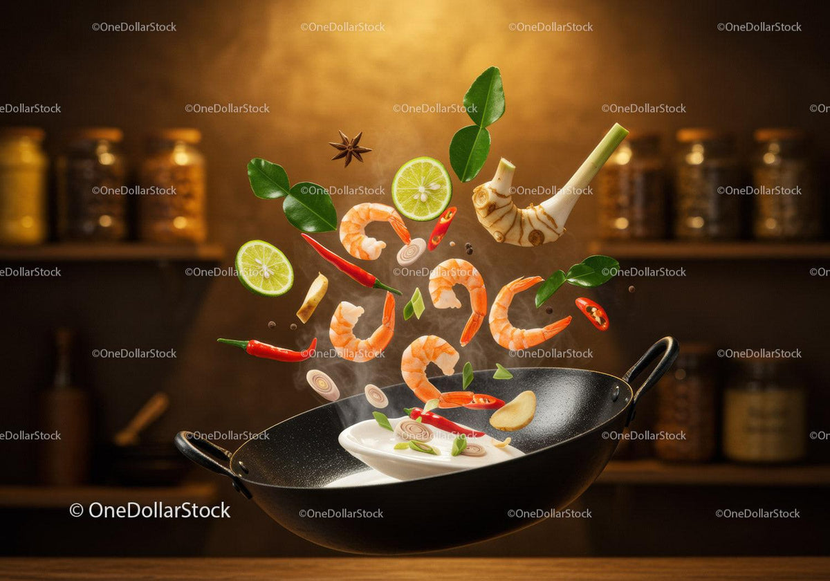 Fresh shrimp and spices cooking in black wok pan