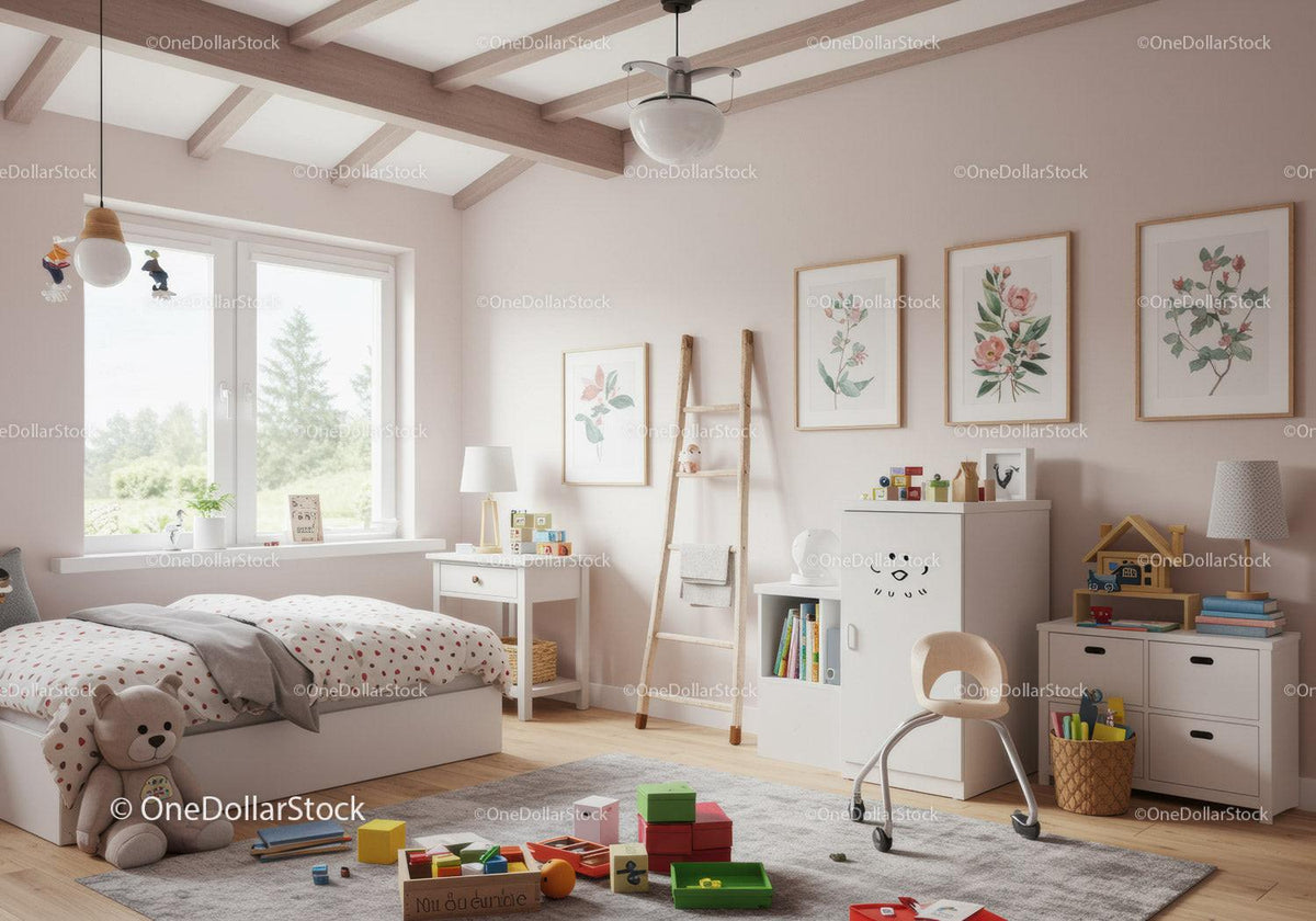 Bright Children's Bedroom with White Furniture and Colorful Toy Toys