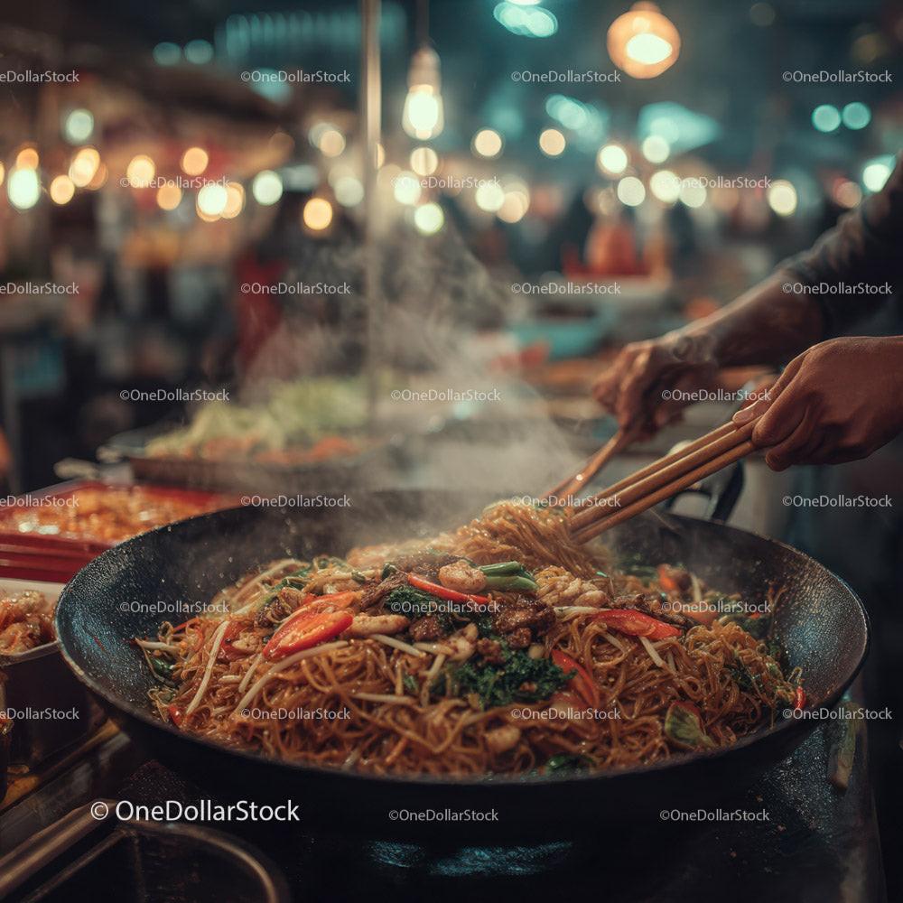 Street food vendor cooking stir-fry noodles at night market Stock Photo Bundle preview 9