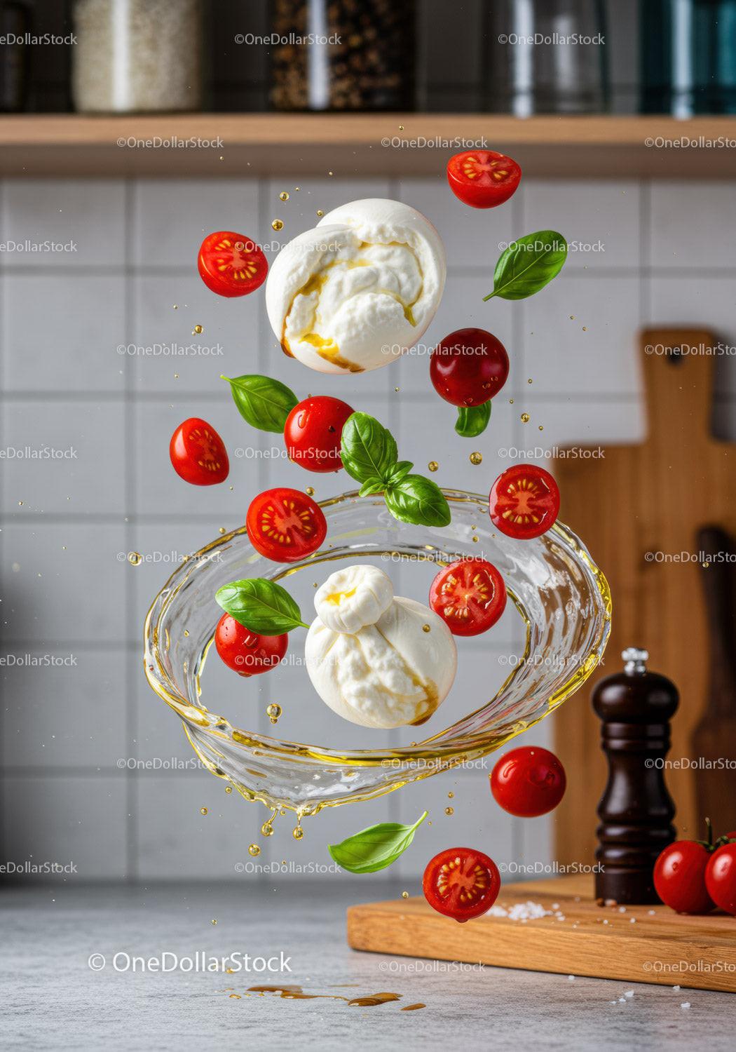 Fresh burrata cheese with cherry tomatoes and basil splash