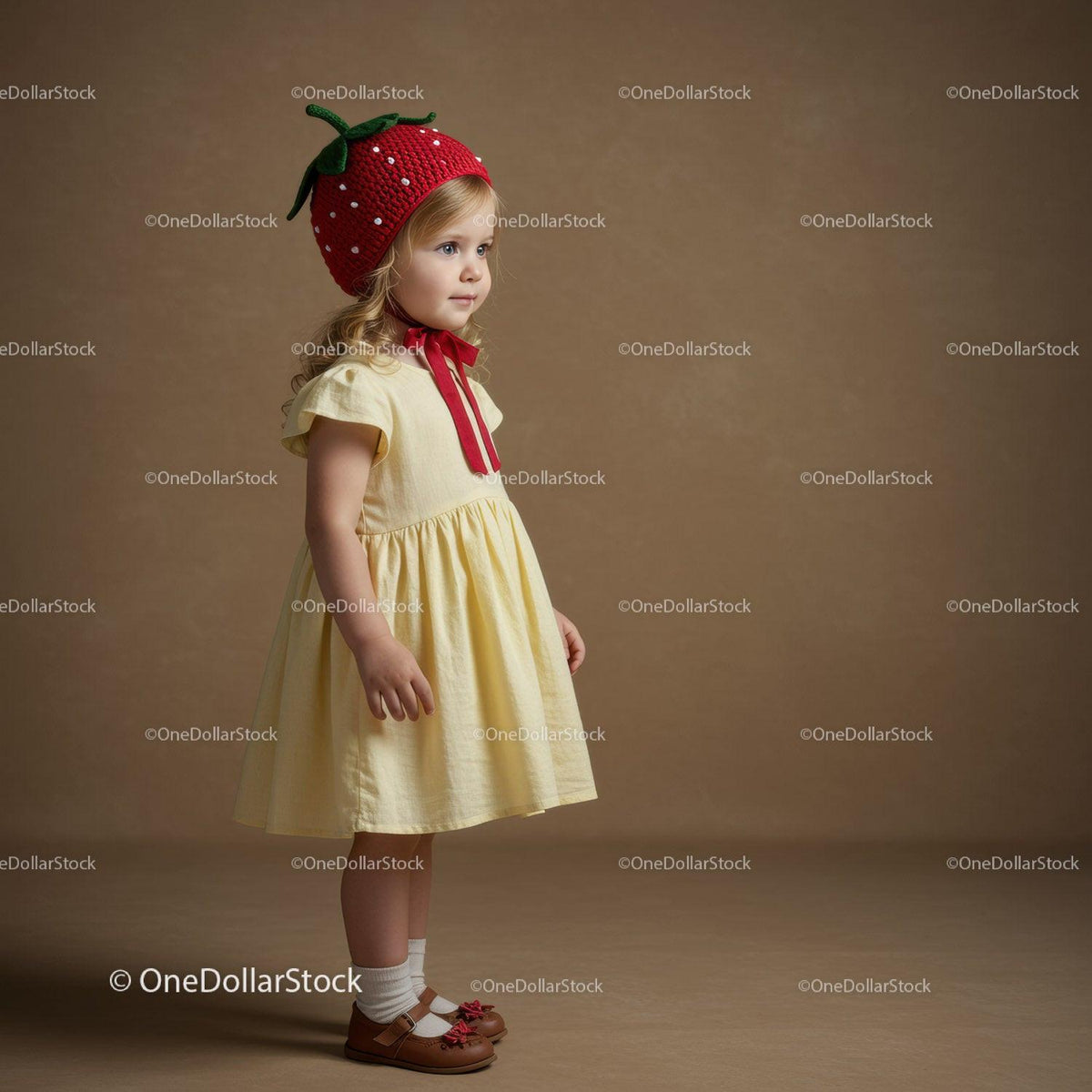 Little girl wearing strawberry hat and yellow dress