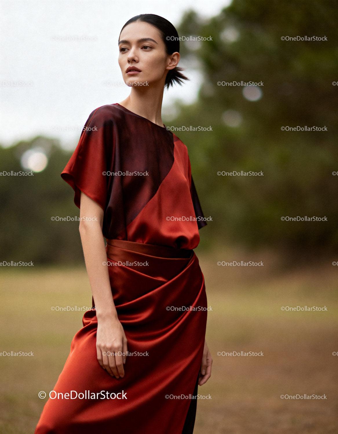 Elegant woman posing in silk rust red dress outdoors