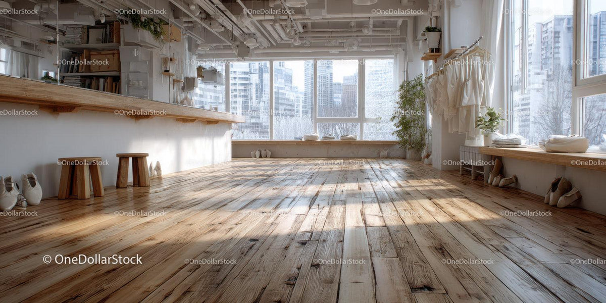 Bright Minimalist Interior with Wooden Floors and City View