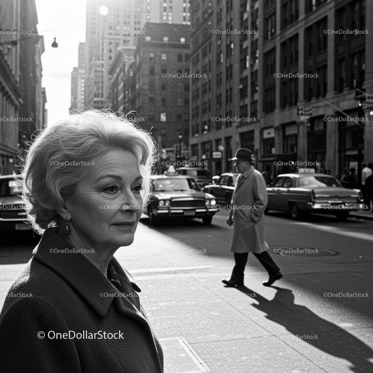 Black and White City Street Scene Featuring Mature Woman in Business Attire