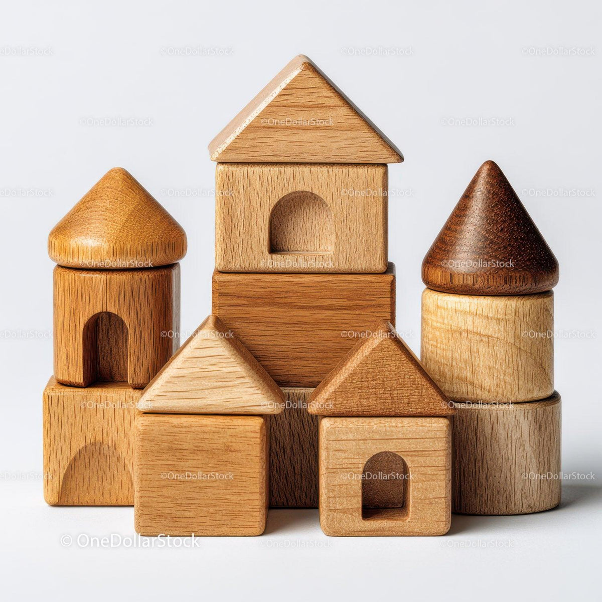 Wooden building blocks in various shapes including cubes, arches, and cones in natural wood tones