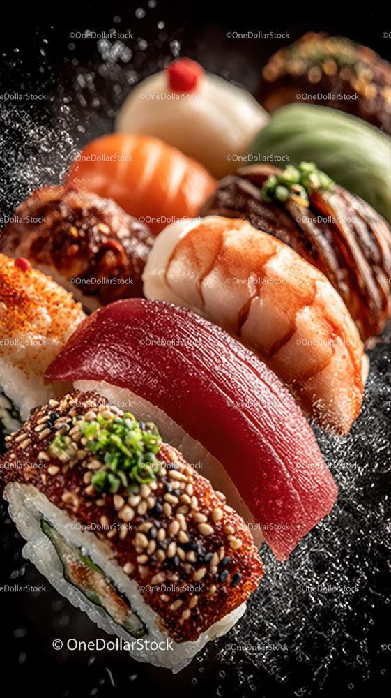 Colorful Sushi Platter with Salmon Tuna Eel and Vegetables Stock Photo Bundle preview 26
