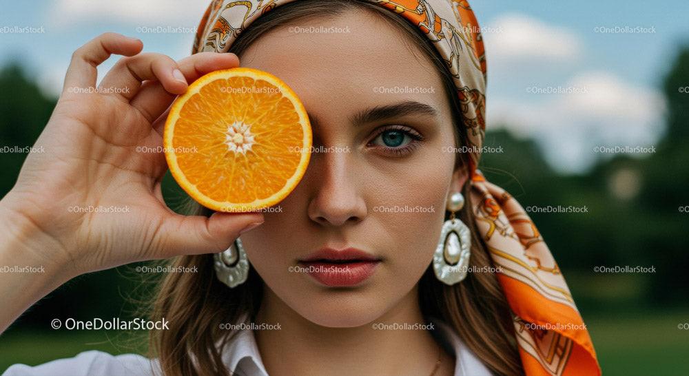 Stylish Woman Holding an Orange in a Bright Outdoor Setting Stock Photo Bundle preview 9